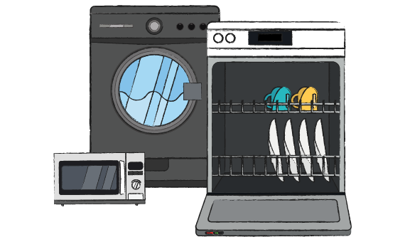 Microwave, washing machine, and dishwasher with text: £5.50 per appliance, just £16.50 per month for 3 items