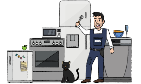 Domestic fridge freezer with Zest Protect Appliance Cover shield icon and a potted plant beside it